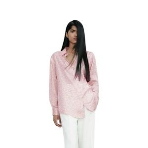 EUC Zara Pink &‎ White Leopard Print Satin Long Sleeve Blouse XS